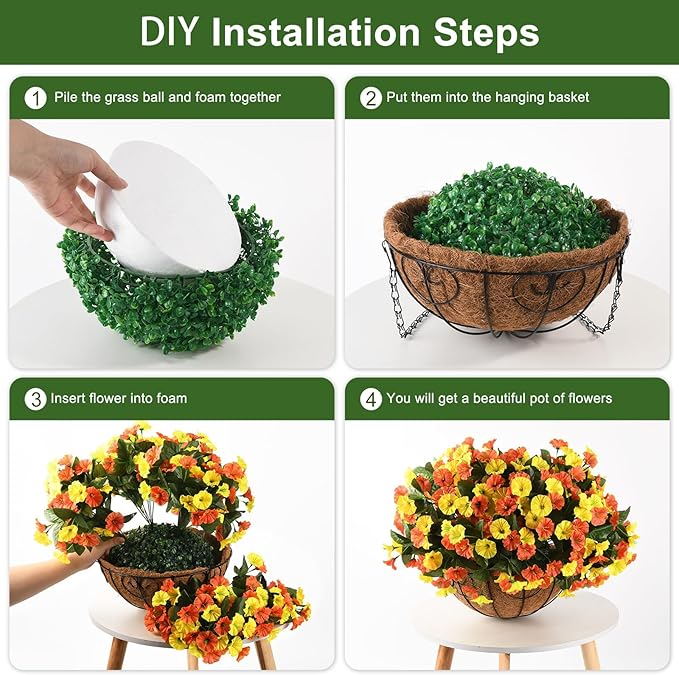 Artificial Fake Hanging Flowers Plants Baskets for Outdoor Decoration, Faux Silk UV Resistant Look Real Morning Glory Arrangement for Porch Patio Garden Deck Home Summary Decor(Orange Yellow)