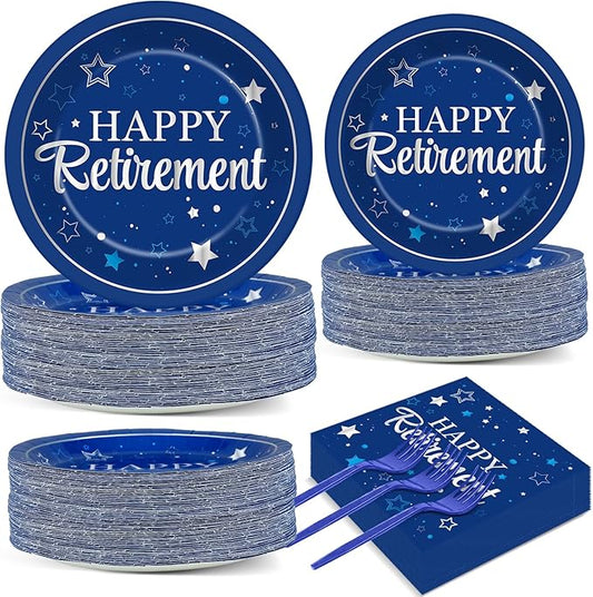 Qyeahkj 50 Guests Retirement Plates and Napkins Party Supplies Happy Retirement Party Decorations Disposable Tableware Set Sliver Blue Dinnerware Favor for Women Men Graduations Theme Party, 200PCS