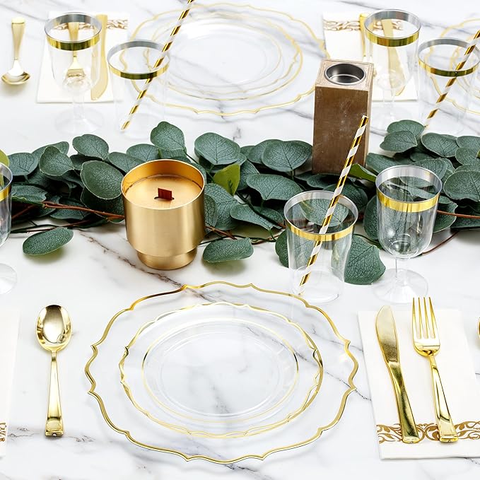 200 PCS Baroque Clear Gold Dinnerware Set for 25 Guests,Gold Rimmed Heavy Duty Plastic Disposable Plates for Party Wedding with Napkins,25Dinner Plates,Dessert Plates,Spoons,Forks,Knives,Cups
