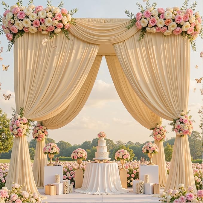 gogoparti 50x12ft Beige Backdrop Curtain for Wedding Parties, 10 Panels (5x12 ft Each) Wrinkle-Free Dackdrop Curtains, Silky Draping Fabric for Birthday Party, Baby Shower, Photo Background