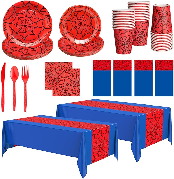 Oudain 324 Spider Birthday Party Decoration Supplies Red Blue Disposable Rectangular Spider Web Tablecloth Paper Plates Napkins Cups Set Plastic Dinner Tableware Forks Spoons Knifes