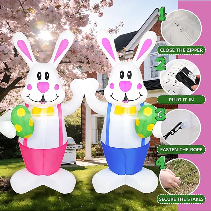 Dearsun 2 Pack 6.2FT Easter Inflatables Bunny Holding Easter Egg, Easter Blow up Yard Decorations Giant Bunny for Holiday Party Indoor Outdoor Decorations