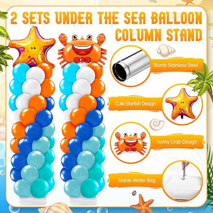 Kasyat 2 Sets Ocean Themed Balloon Column Stand Kit Blue Sea Balloon Arch Garland Kit Marine Animals Decoration for Ocean Theme Birthday Baby Shower Wedding Party Supplies