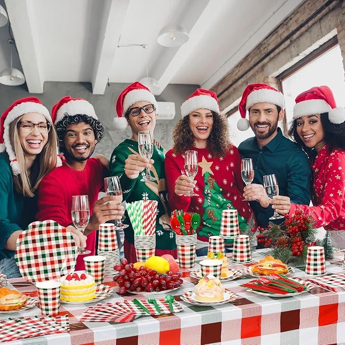 452 Pcs Red and Green Christmas Buffalo Plaid Party Supplies for 50, Scalloped Christmas Gingham Plaid Paper Plates Napkins Cups Tablecloth Cutlery Straws for Rustic Holiday Party Decoration