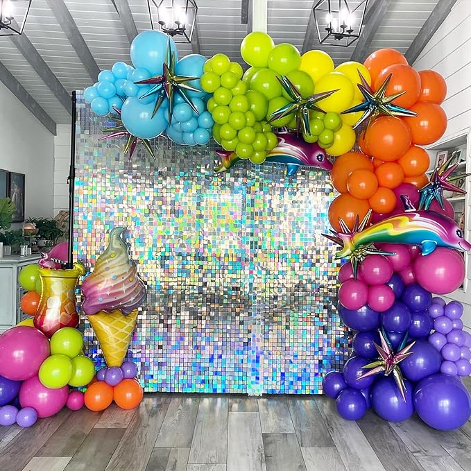 COKAOBE Iridescent Silver Shimmer Wall Backdrop, 24 Panels Square Sequin Shimmer Backdrop, Photo Backdrops for Birthday, Anniversary, Wedding, Graduation & Bachelorette Party Decoration