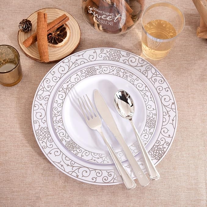 LIYH 700 Pcs Silver Plastic Disposable Dinnerware Set for 100 Guests - Plastic Plates for Party Includes Disposable Plates, Cups, Wedding Napkins and Cutlery Elegant White & Silver