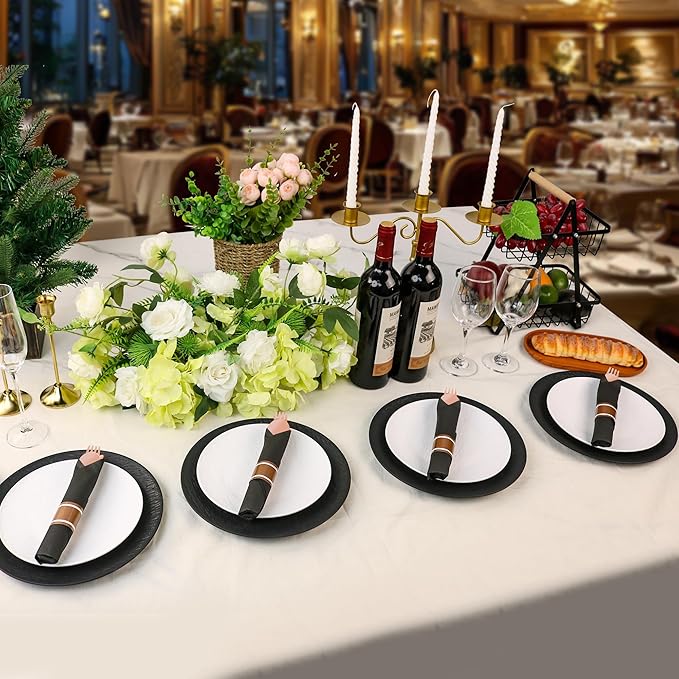 800 PCS Pre Rolled Cutlery Sets, Premium Rose Gold Plastic Flatware Set Wrapped in Black Napkin, Disposable Cutlery Set with 200 Forks, 200 Knives, 200 Spoons, 200 Napkins for Wedding, Party, Dinner