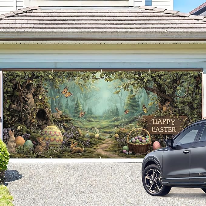 Happy Easter Woodland Scene Garage Door Banner 7x16FT, Bunny & Colorful Easter Eggs Garage Door Cover, Outdoor Spring Decor for Yard, Garage & Front Door