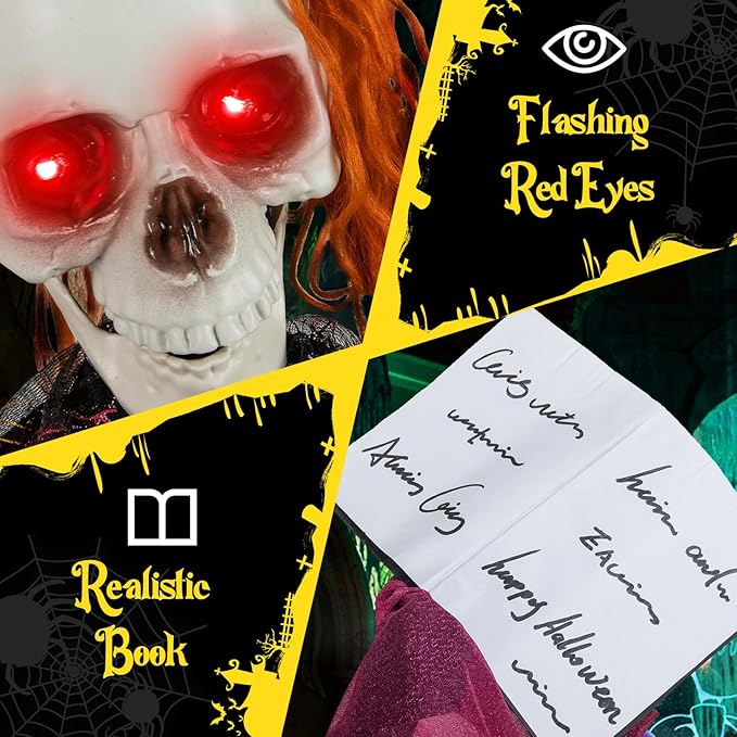 BECOMFORT 6 FT Halloween Animatronics, Sound-Activated Skeleton Girl with Book, Glowing Eyes, Howling Sounds, Moving Head & Posable Arms, Animated Halloween Props Decoration for Indoor & Outdoor