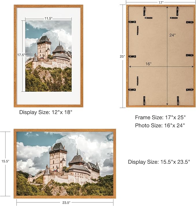 Axeman 16x24 Frame With Mat for 12x18 - Solid Teak Wood 16x24 Poster Frame With Tempered Glass, 16 x 24 Picture Frame for, 16 by 24 Wood Frame for Home Decor, Hanging Hardware included, Natural Teak