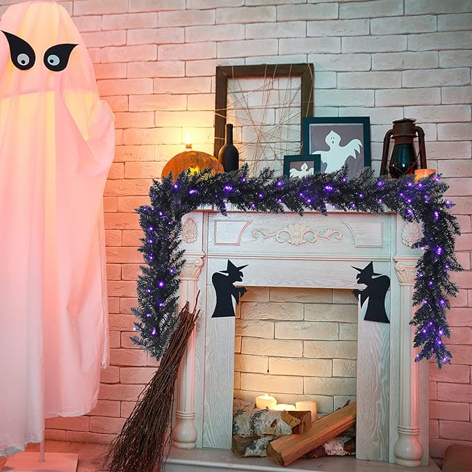 Goplus 9FT Black Christmas Garland with Lights, Pre-lit Artificial Battery Operated Halloween Garland W/ 50 LED Lights, Waterproof Controller with Timer, Xmas Decorations for Indoor Stairs Fireplace