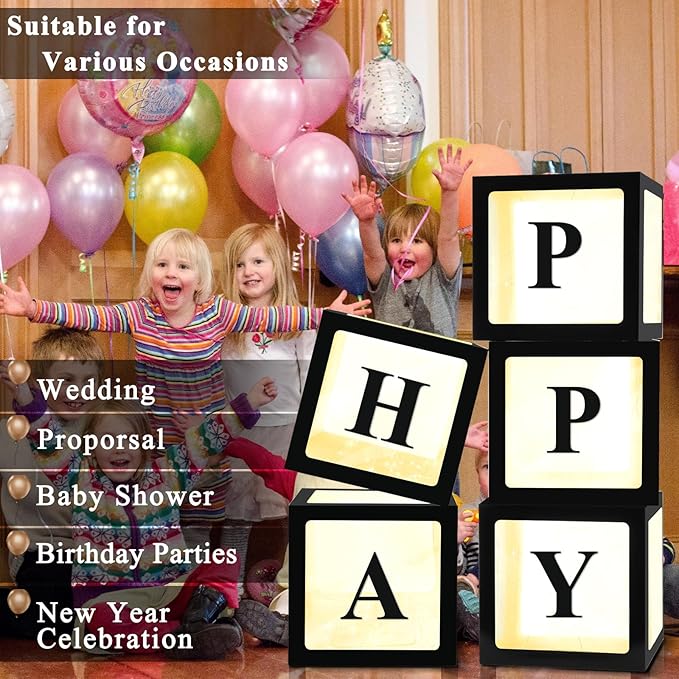 Ledido Transparent Balloon Boxes, Clear Balloon Boxes with 5 Pcs String Lights and 78 Letters for Baby Shower Gender Reveal Grad Birthday Party Anniversary Bridal Wedding Decor - 5 Black Boxes