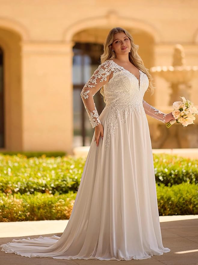 Plus Size Wedding Dresses for Bride Long Sleeve Wedding Bridal Gowns with Lace Appliques Off Shoulder Bride Dress
