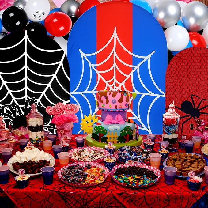 34 Pcs Spider Birthday Party Decorations 3 Spider Web Arch Backdrop Covers (4/5/6ft) Web Spandex Arch Cover with 30 Red Blue and Black Silver Balloons for Birthday Party Photo Props Decor
