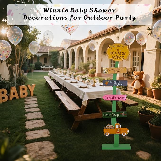 Winnie Baby Shower Decorations | Lighted Wood Baby Shower Standing Signs for Indoor Outdoor Yard Porch Decor | Hundred Acre Wood Birthday Party Decor