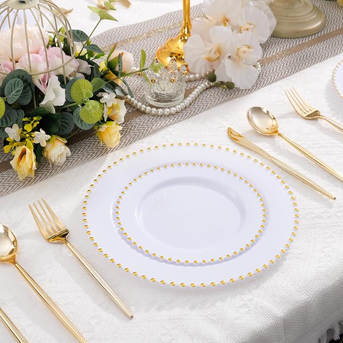 LIYH 150 Pcs White and Gold Plastic Plates - Elegant Disposable Gold Plastic Dinnerware set Include Dinner & Dessert Plates Cups for Birthday Party Wedding 30 Guests