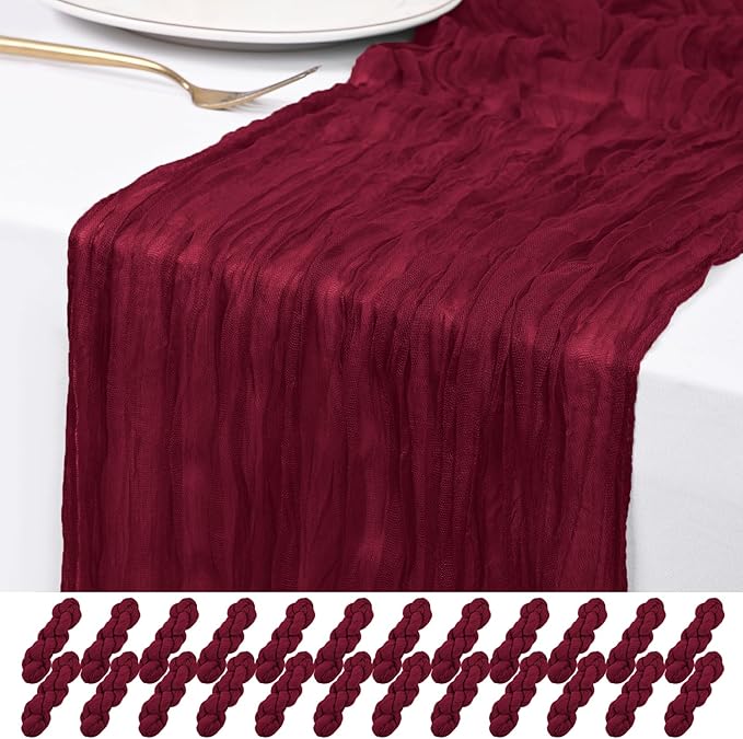 24 Pack Burgundy Cheesecloth Table Runner 120 inch Fall Thanksgiving Boho Rustic Gauze Farmhouse 10FT Cheese Cloth Runner for Baby Shower Wedding Party Holiday Home Decor