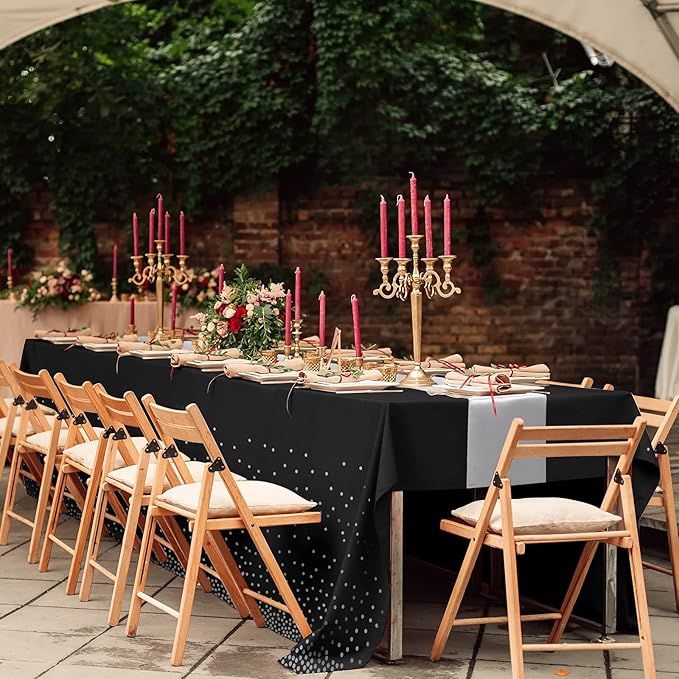 24Pack Disposable Plastic Tablecloths and Satin Table Runner Set Black and Silver Dot Tablecloth Silver Satin Table Runner for Wedding Birthday Baby Shower Anniversary Christmas New Year Party Supply