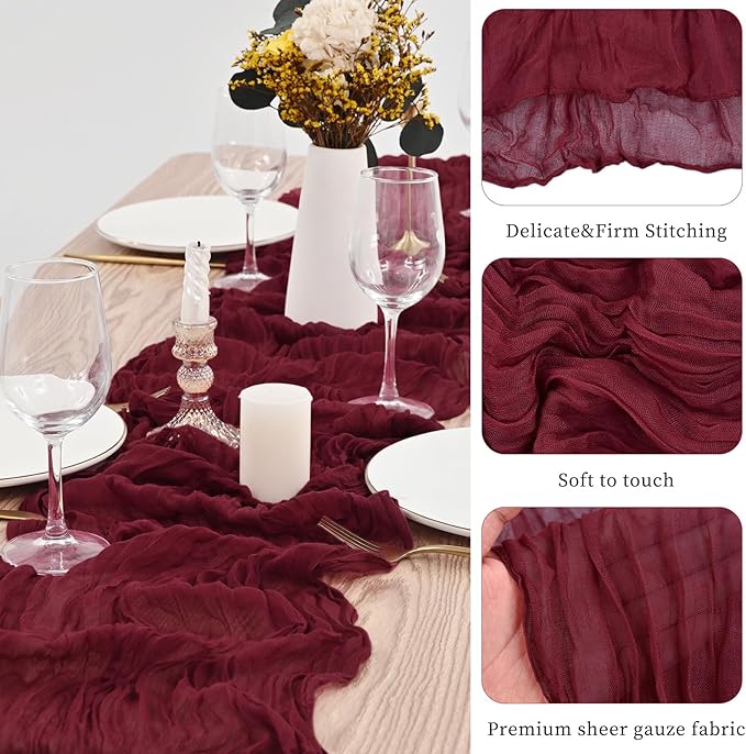 20 Pack Burgundy Table Runner 10Ft Burgundy Cheesecloth Table Runner Boho Gauze Table Runners Long Romantic Sheer Fabric Cheese Cloth Table Runners for Wedding Party Bridal Shower