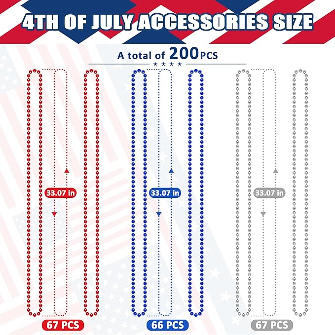 4th of July Necklace, 200PCS Independence Day Beads Toy Necklace Accessories, Fourth of July Red Blue Silver Bulk, Beads Bulk for Patriotic Parade Party Toy Celebration Favors