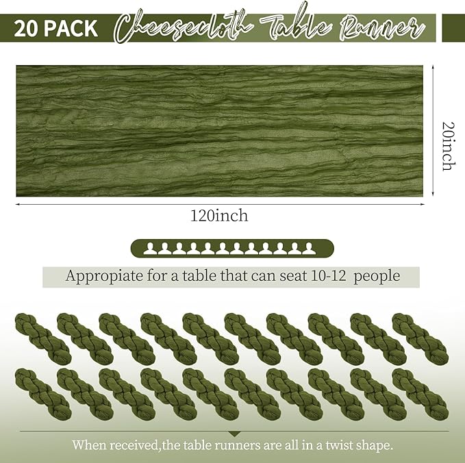 20 Pack Olive Green Table Runner 10Ft Cheesecloth Table Runner Romantic Boho Gauze Table Runners Long Sheer Fabric Cheese Cloth Table Runners for Wedding Party Bridal Shower