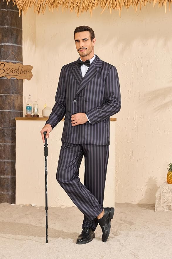 Men's 1920s Gangster Costume Wig Pinstripe Suit Blazer Jacket Shirt Pants Set with Necktie Halloween Cosplay Outfits