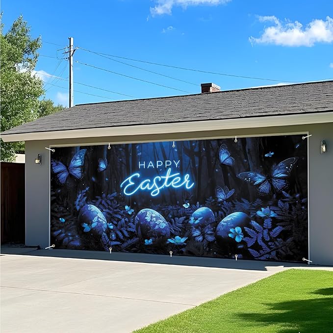 Happy Easter Glowing Banner 7x16FT, Neon Happy Easter Design with Blue Butterflies and Easter Eggs, Spring Holiday Decoration for Yard and Garage