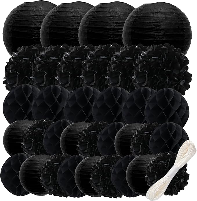 WOLHOWLTD Black Paper Decoration Set - 34 Pcs Paper Lanterns, Pompoms, Honeycomb for Wedding,Harvest, Halloween,School Day,Bridal Shower, Scary Birthday Party Classroom,Home Decoration (Black)