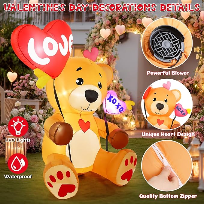 LETIME 5 FT Valentine's Day Inflatable Outdoor Decorations Bear with 2 Heart Balloons LED Lighted Valentines Blow up Yard Decoration for Party, Anniversary, Wedding, Propose, Garden, Lawn