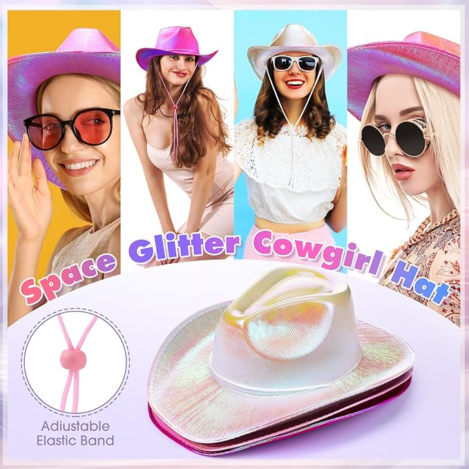 Coume 12 Pcs Cowboy Hat Sparkly Glitter Neon Cowgirl Hat for Women Holographic Space Cap for Bachelor Western Cowboy Party