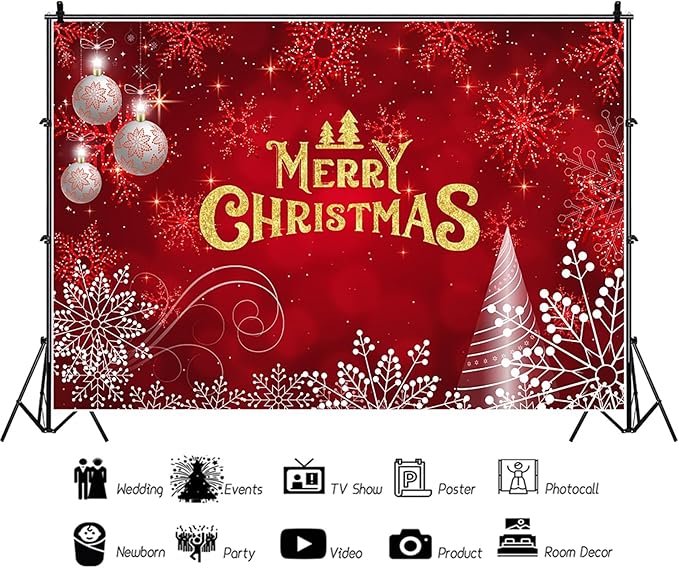 Baocicco 15x10ft Merry Christmas Photo Background Red Gold Xmas Winter Festival Snowfalke Baubles Backdrop Photography Family Holiday Party Banner New Year Photo Booth Background Party Decorations