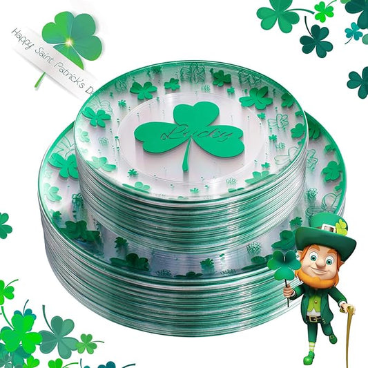 U-QE 60PCS St Patricks Day Plates - Clear and Green Disposable Plates - Premium Hard Green Plastic Plate Including 30 Dinner Plate 10.25'' & 30 Dessert Plate 7.5 '' Perfect for St. Patrick’s Day
