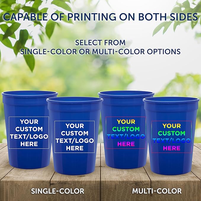 Custom Disposable Plastic Cups 12 oz. Set of 50, Personalized Bulk Pack - Perfect for Summer, Sporting Events, Birthdays, Weddings, Picnic, Beach, Parties - Reflex Blue