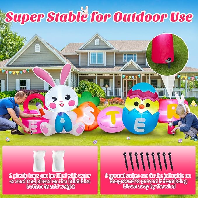 MICOCAH 8 FT Long Easter Inflatables Outdoor Decorations, Inflatable Painting Bunny with Colorful Eggs/Chick/Carrot Build-in LEDs Lights Blow Up Yard Decoration for Decor Holiday Party Lawn, Garden