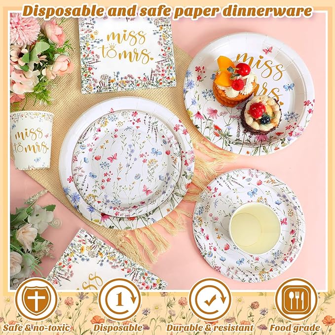 Zhehao 250 Pcs Miss to Mrs. Bridal Shower Plates Napkins Sets 50 Pcs 9'' Dinner Plates and 7'' Dessert Plate and 9oz Cups 100 Napkins Serves 50 Party Supplies Bridal Shower Engagement Decoration