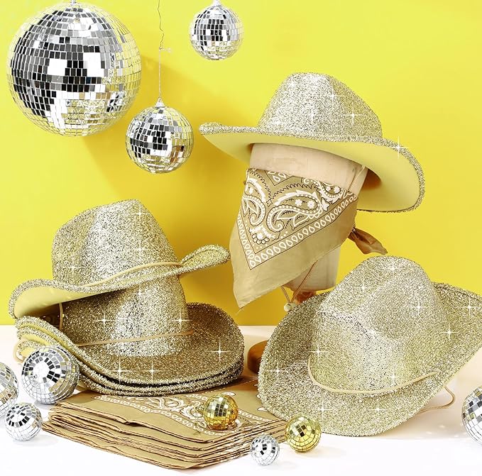 Coume 12 Pcs Sparkly Adults Cowboy Hat and Bandanas Women Men Western Glitter Cowgirl Party Hats with Adjustable Drawstring