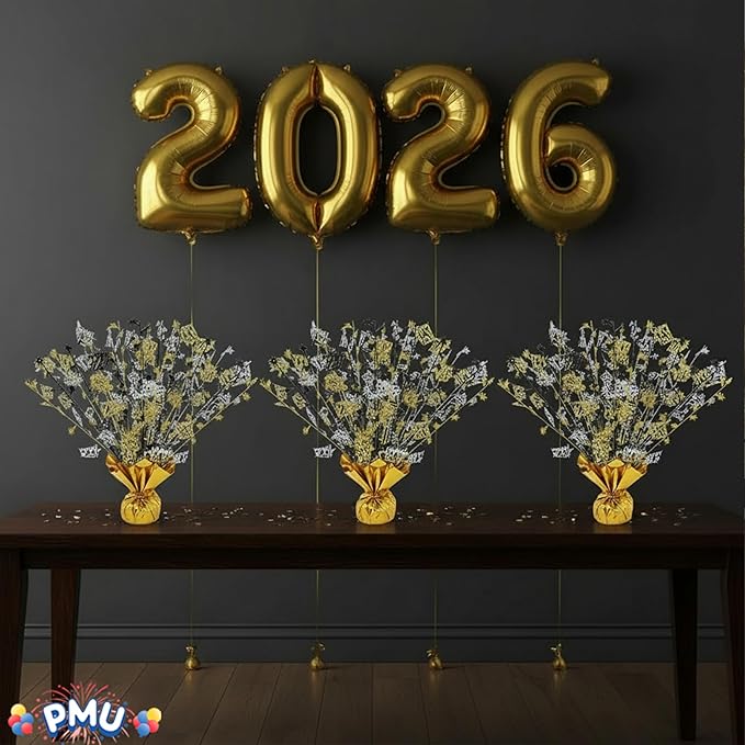 PMU 6Pc New Year's Eve Bursting Centerpiece for Table Decor, Table Balloon Weights| for Theme Party Decorations Supplies Gold |15in