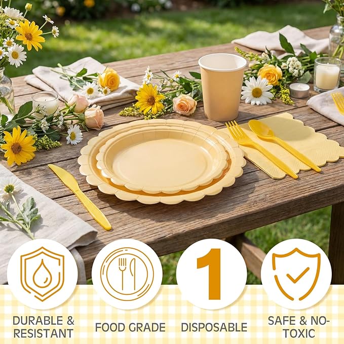 350 Pcs Light Yellow Plates and Napkins, 50 Guest Spring Easter Party Supplies Include Scalloped Paper Plates Napkins Cups Plastic Spoons Forks Knives Disposable Tableware Set for Baby Shower