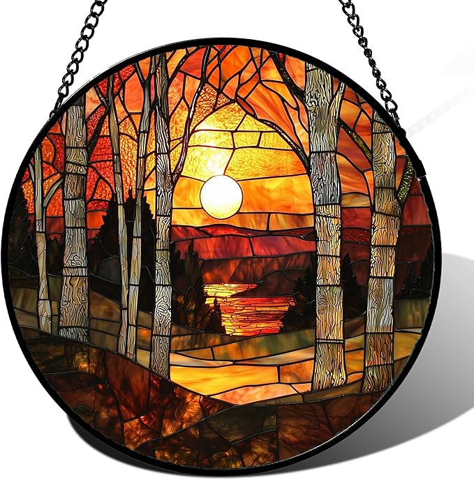 Stained Glass Window Hanging, Orange Red Landscape Forest Lake Moon Suncatcher for Doors Window Home Sun Catchers Decor Mother's Day Birthday Gifts for Women Men Mom 9.8 in