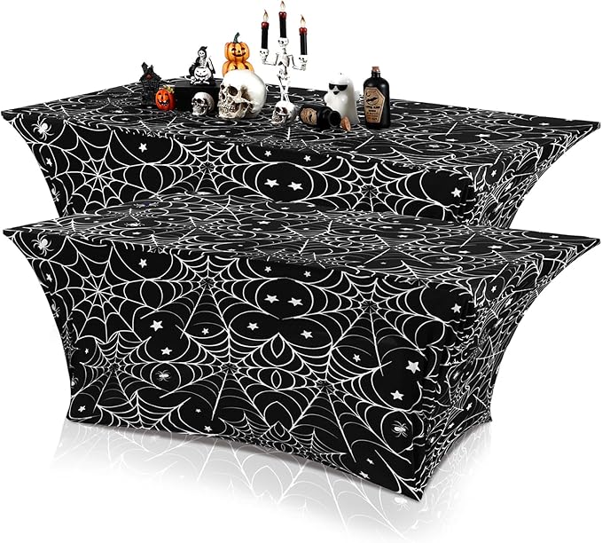 Oudain 2 Pcs Halloween Stretch Table Cover 6 Feet White Black Spider Web Spandex Table Clothes Gothic Spider Cobweb Scary Party Decorations for Halloween Home Decorations Party Celebration