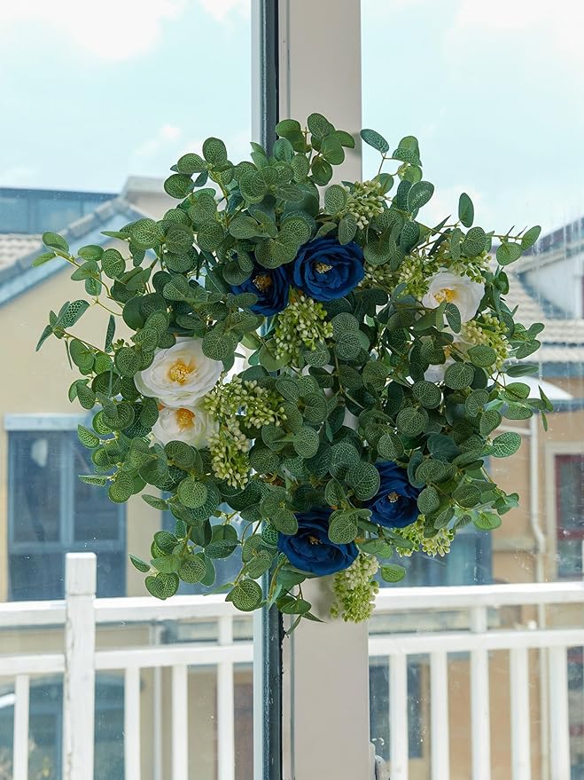 PARTY JOY 2pcs 6.56ft Eucalyptus Garland with Flowers-8 Blue White Roses, Artificial Fake Flowers Greenery Garland Floral Vines for Decoration Party Wedding Table Indoor Outdoor Backdrop Wall Decor
