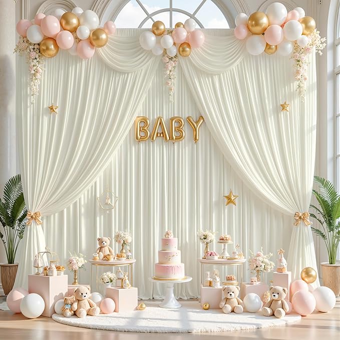 gogoparti 50ft x 12ft Ivory Wrinkle-Free Backdrop Curtain for Wedding Parties, Thick Polyester 10 Panels 5x12ft for Wedding Birthday Baby Shower Halloween Photography Party Background