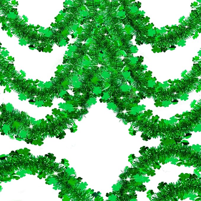 196 FT St. Patrick's Day Tinsel Garland, Green Shamrock Metallic Garland for Irish St. Patrick's Day Party Wall Tree Decoration