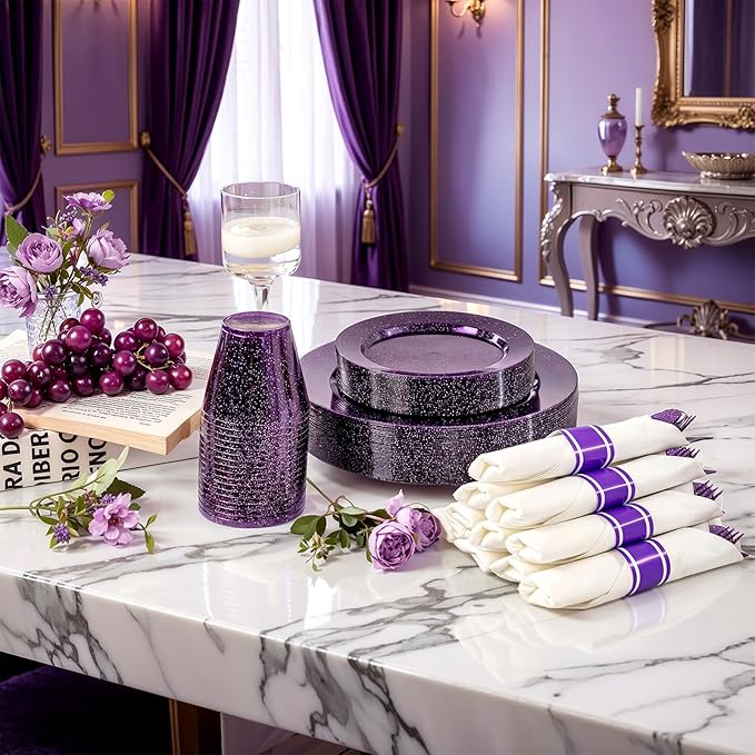 DaYammi 350 Pieces Purple Glitter Dinnerware Set 50 Guest for Party- 50 Dinner Plates, 50 Dessert Plates -50 Per Rolled Napkins with Purple Cutlery - 50 Disposable Cups 9 OZ