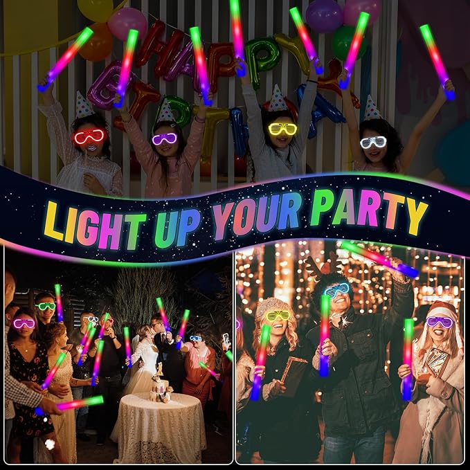 Glow in the Dark Party Supplies Set Bulk Neon Party Favor Toys Includes 30 Led Light up Glasses 10 Color 30 Light up Foam Sticks Bulk for Disco Wedding Birthday Concert Halloween Raves Party