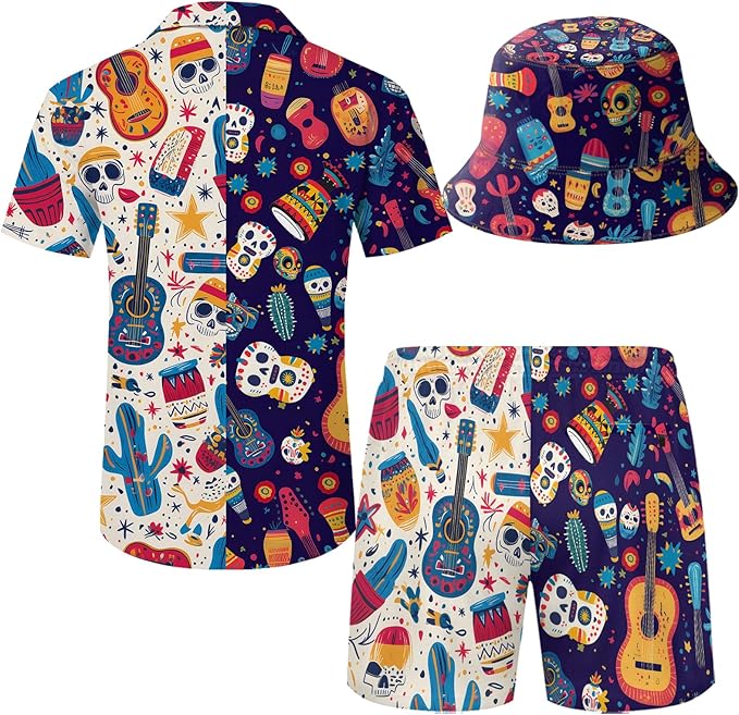 Men's Hawaiian Shirt and Shorts Set 2 Piece Beach Outfits with Bucket Hats for Beach Days and Summer Vibes