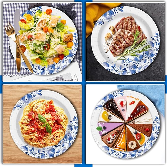 Charmount 10 Inch Large Blue Paper Plates, 300pcs Disposable Plates for Parties and Daily Use, Soak Proof, Cut Proof, Flower Printed