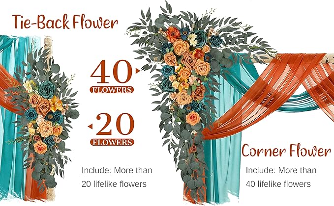 Wedding Arch Flowers with Drapes Kit (Pack of 4) - 2pcs Artificial Teal Orange Fall Deluxe Swag with 2pcs Sheer Drapes for Wedding Ceremony Arbor Reception Backdrop Rose Floral Decoration
