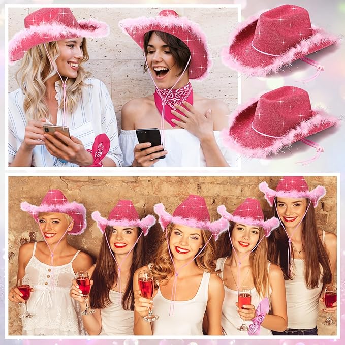 Coume 12 Pcs Sparkly Adults Cowboy Hat and Bandanas Women Men Western Glitter Cowgirl Party Hats with Adjustable Drawstring
