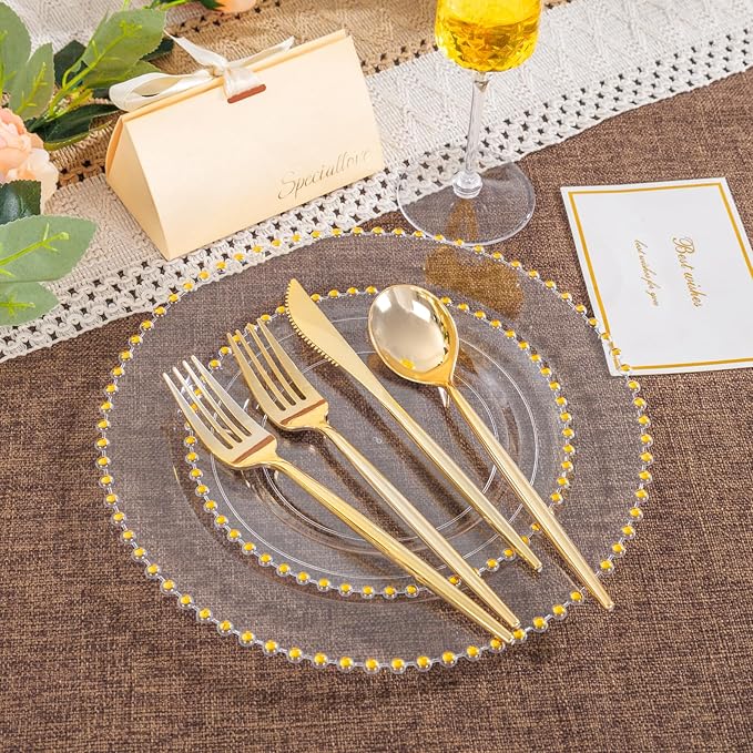LIYH 150 Pcs Clear and Gold Plastic Plates - Elegant Disposable Gold Plastic Dinnerware set Include Dinner & Dessert Plates for Birthday Party Wedding 30 Guests